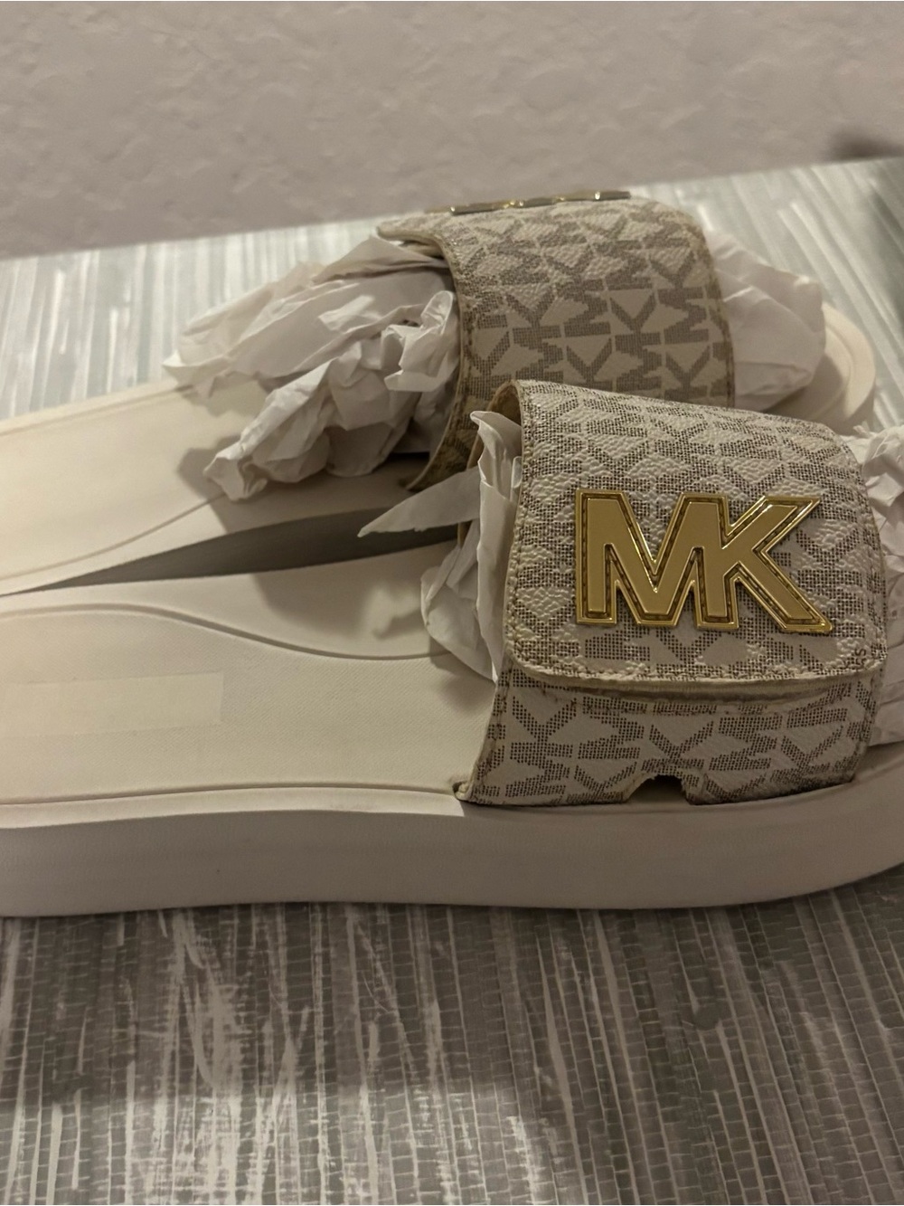 Michael Kors Cream Beige MK Monogram Slide Sandals with Gold Logo - Picture 2 of 3